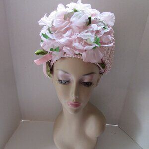 SALE Extravagant 1960 Era Bouffant Hat Pink Petals Cello Weave
